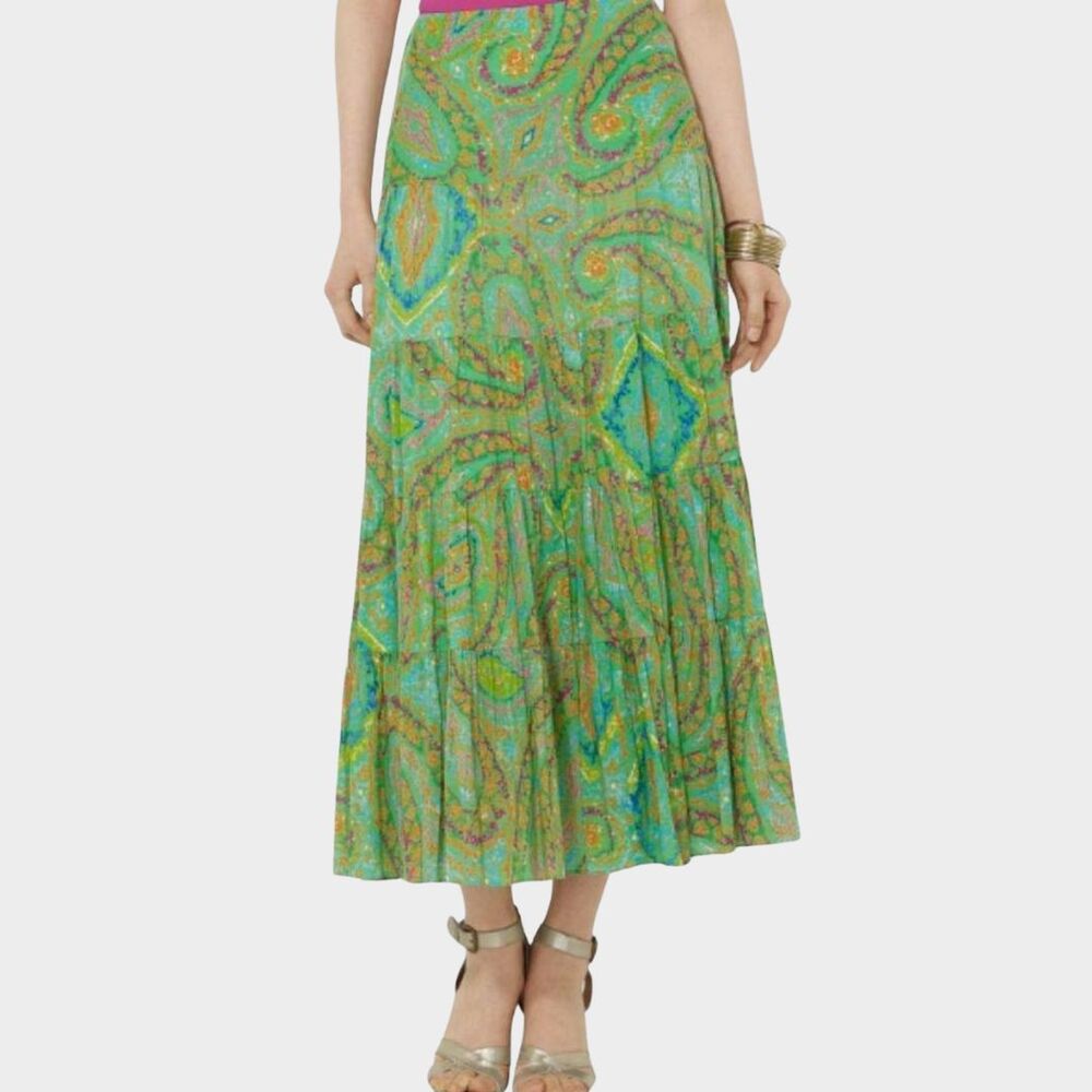 RALPH LAUREN Paisley Tiered Maxi Skirt Cotton Boho Green Pink Petite Size PM
